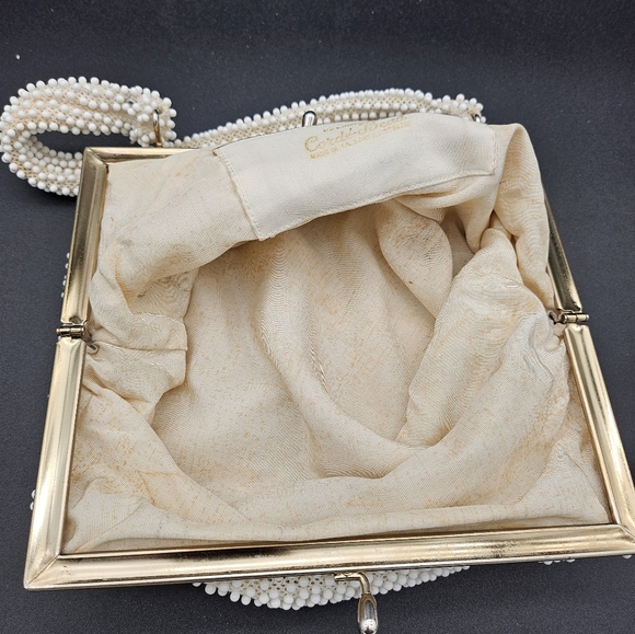 Vintage Corde Beaded Bag 1950s Cream Flowers Kiss Lock MCM Mid Century Modern - Picture 9 of 10